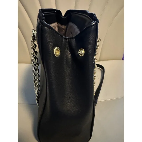 Anne Klein Black Chevron Shoulder Bag Gold Chain Lion Emblem - Picture 9 of 14
